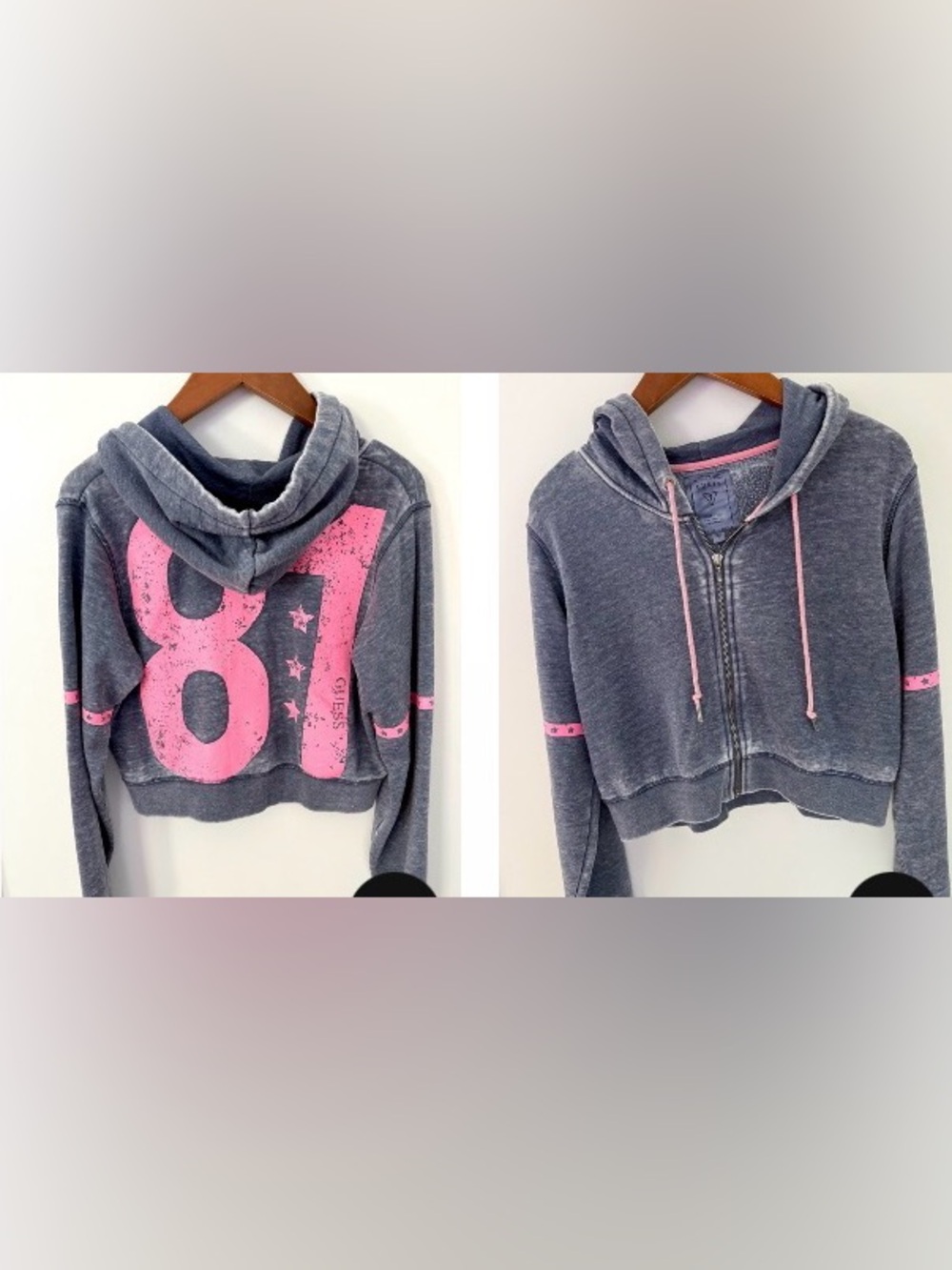 Guess Women Distressed Graphic Hoodie Zip Up Sweater Cropped Sweatshirt Size L